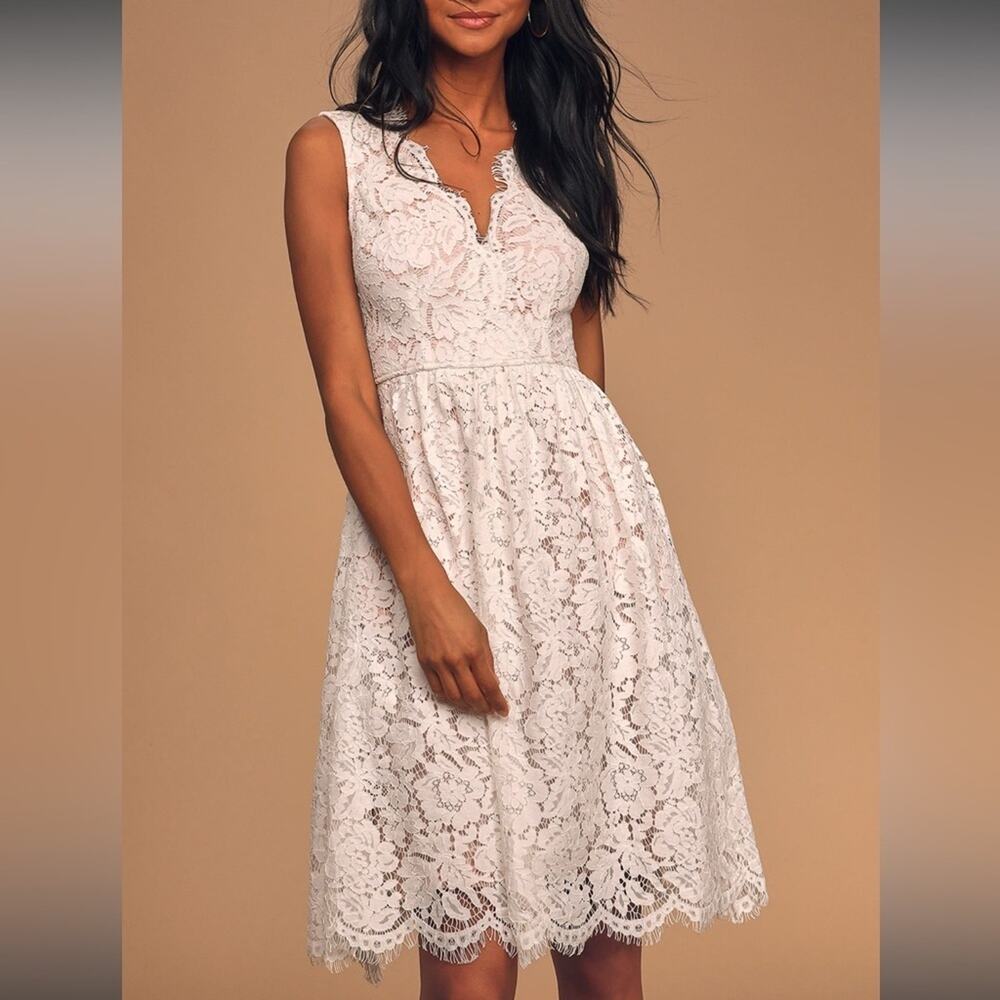 Lulus Love Swept White Lace Midi Skater Dress With Pockets V Neck Cream Sz S